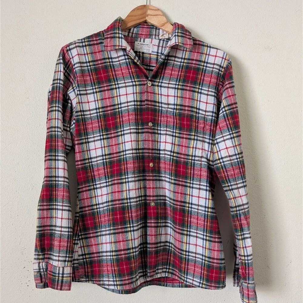 Vintage 50s 60s Arrow Contour Tailored Mens Flannel Sanforized Cotton Red Plaid